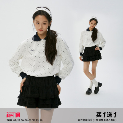 岚室复古波点翻领长袖POLO打底衫