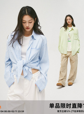 CASD/Clamisgold清爽海盐*手缝线格纹薄款防晒衣罩衫长袖衬衫上衣