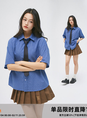 CASD*世界是蓝色的 美式格纹短袖衬衫凉感宽松全棉cleanfit衬衣潮