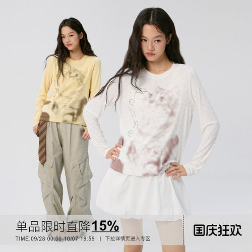 岚室猫咪印花长袖T恤女宽松