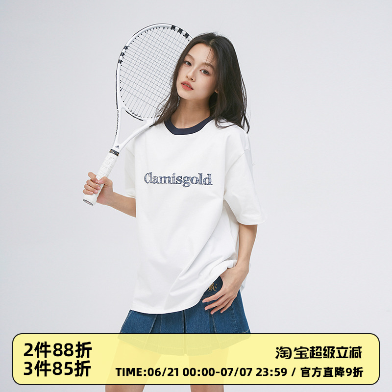 Clamisgold美式字母撞色领口短袖