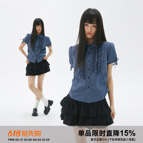 岚室复古花边格纹抽褶短袖衬衫女