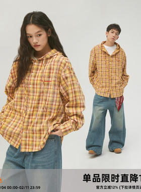 CASD（Clamisgold）美式做旧黄色格子宽松连帽衬衫男女外套上衣潮
