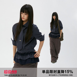 岚室（Clamisgold）*三件套*领带格子长袖衬衫假两件花边裙摆上衣