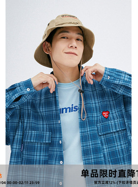 CASD(Clamisgold)蓝色爱心宽松长袖复古短袖格子衬衫男女美式外套