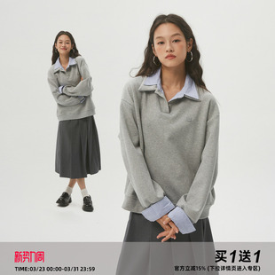 Clamisgold 岚室 抗皱空气层条纹翻领宽松套头卫衣 假两件