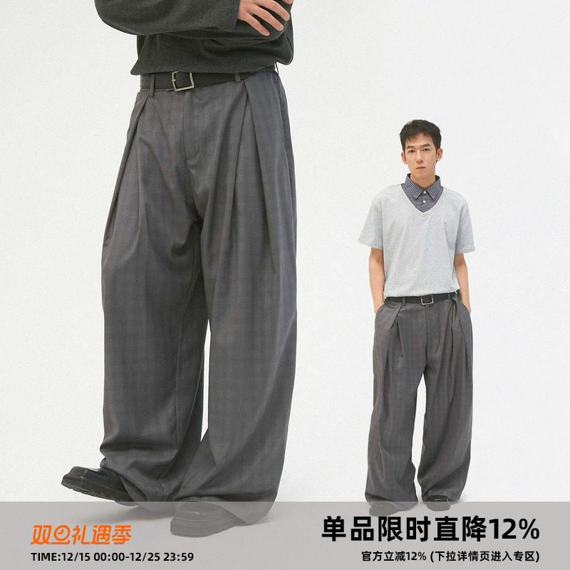 CLAMISGOLD（CASD）莫奈灰*A字褶皱暗格纹阔腿垂感西裤通勤长裤子