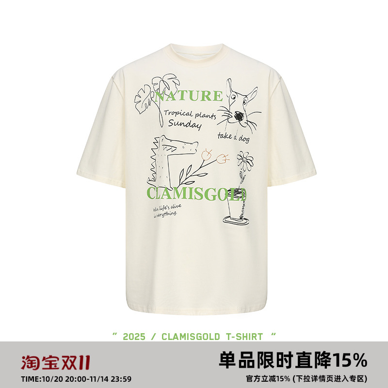 CASD(Clamisgold)美式植物系*花卉动物字母涂鸦五分袖T恤短袖男