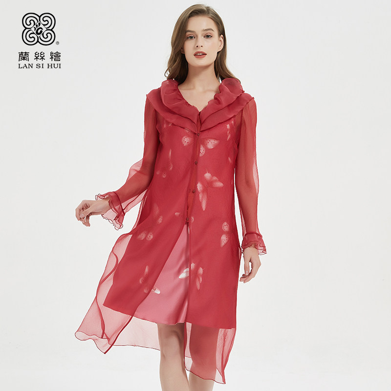 兰丝绘2022年新款休闲时尚长袖西瓜红蝶恋长袖连衣裙高腰显瘦