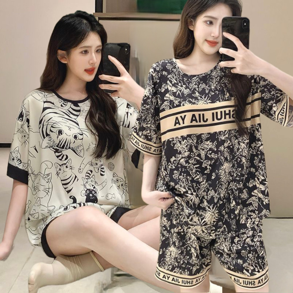 新款遮肉冰丝睡衣女夏季套装高贵短袖薄款少女宽松大码睡衣家居服