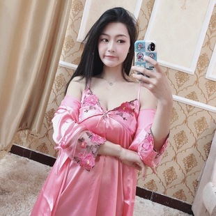 睡衣女冰丝性感二件套睡裙吊带真冰丝睡裙睡袍两件套装女夏睡衣
