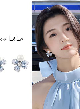 高端蓝色花朵耳环女士轻奢高级感珍珠款纯银耳钉夸张独特耳坠耳饰