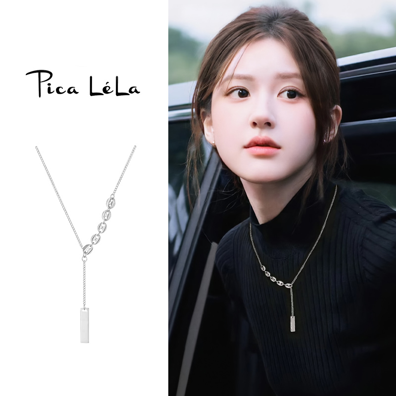 银色流苏方形吊坠项链女