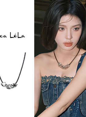 黑色皮革碎银子项链吊坠颈链