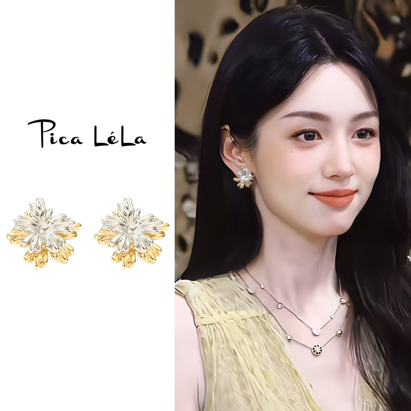 金色花朵耳钉女轻奢高级感