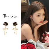 黑色山茶花珍珠款 耳环女士轻奢小众高级感耳钉蝴蝶结耳坠纯银耳饰