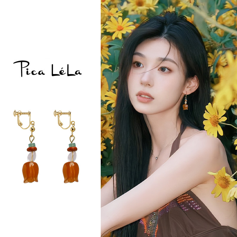 新中式花朵串珠螺旋耳夹女长款国风小众无耳洞耳环古风方圆脸耳饰,饰品/流行首饰/时尚饰品新,耳夹,淘宝优惠券,粉丝福利购,淘宝优惠卷