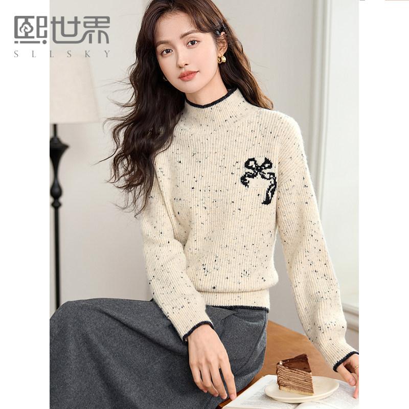 熙世界毛衣慵懒高级感女2025秋冬新款蝴蝶结提花半高领针织打底衫