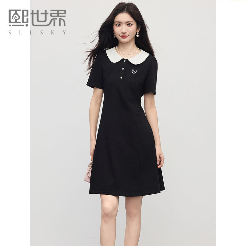 熙世界通勤学院风娃娃领连衣裙女夏2025新款休闲撞色翻领中长裙子