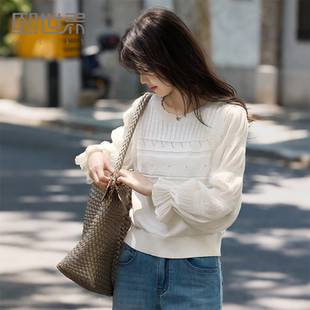 熙世界设计长袖拼接绞花针织衫女2025秋季新款气质圆领假两件上衣