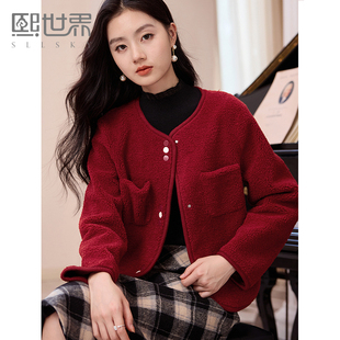 熙世界皮毛一体仿羊羔毛麂皮绒短款外套女秋冬季保暖红色夹克上衣