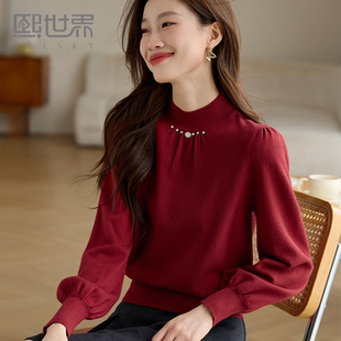 熙世界水钻半高领红色毛衣女2025秋冬高级感气质内搭针织打底衫