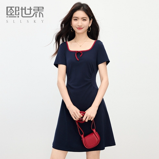 熙世界MIU系撞色方领连衣裙女夏2025年新款小个子显瘦收腰A字裙子