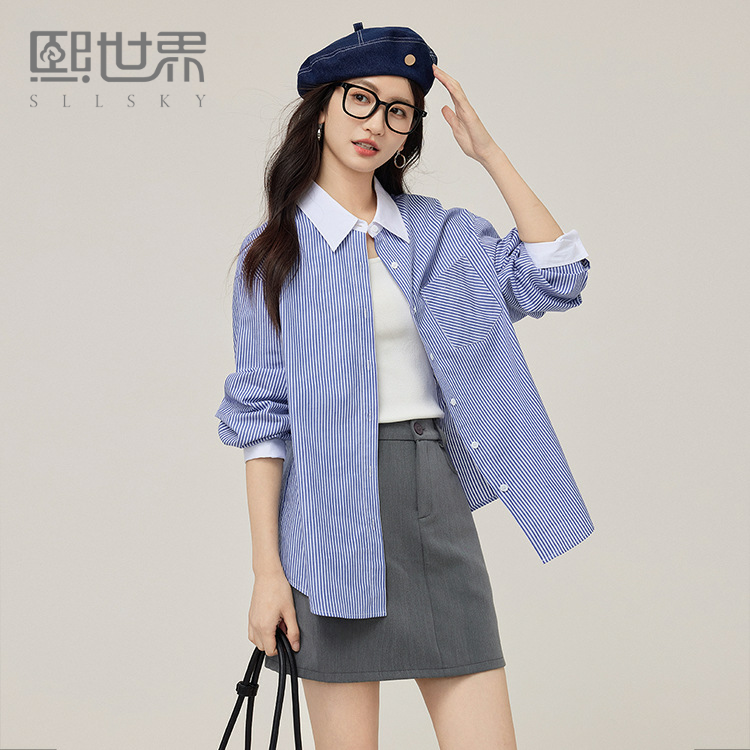 熙世界100%棉miu风条纹衬衫女2025春秋新款气质撞色翻领休闲上衣