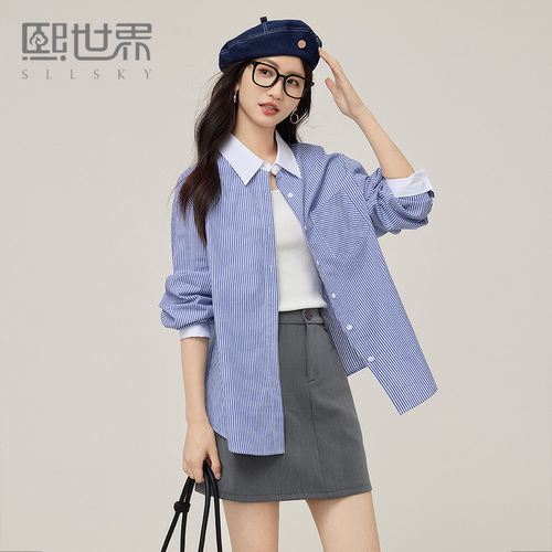 熙世界100%棉miu风条纹衬衫女2025春秋新款气质撞色翻领休闲上衣
