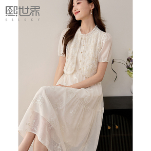 熙世界假两件套国风蕾丝小上衣拼接刺绣连衣裙仙女裙子2026夏新款