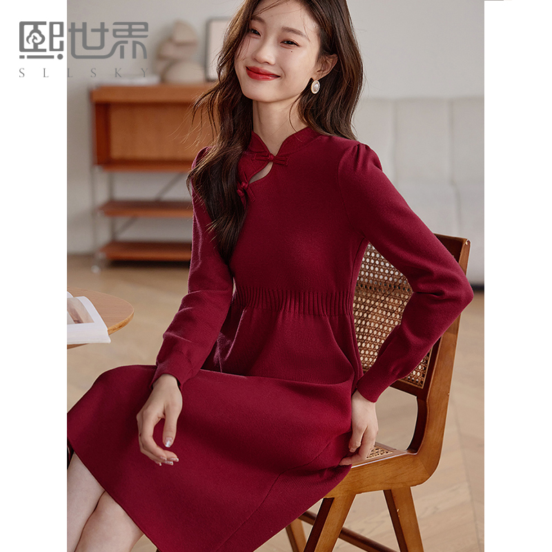 熙世界红色新中式盘扣旗袍连衣裙