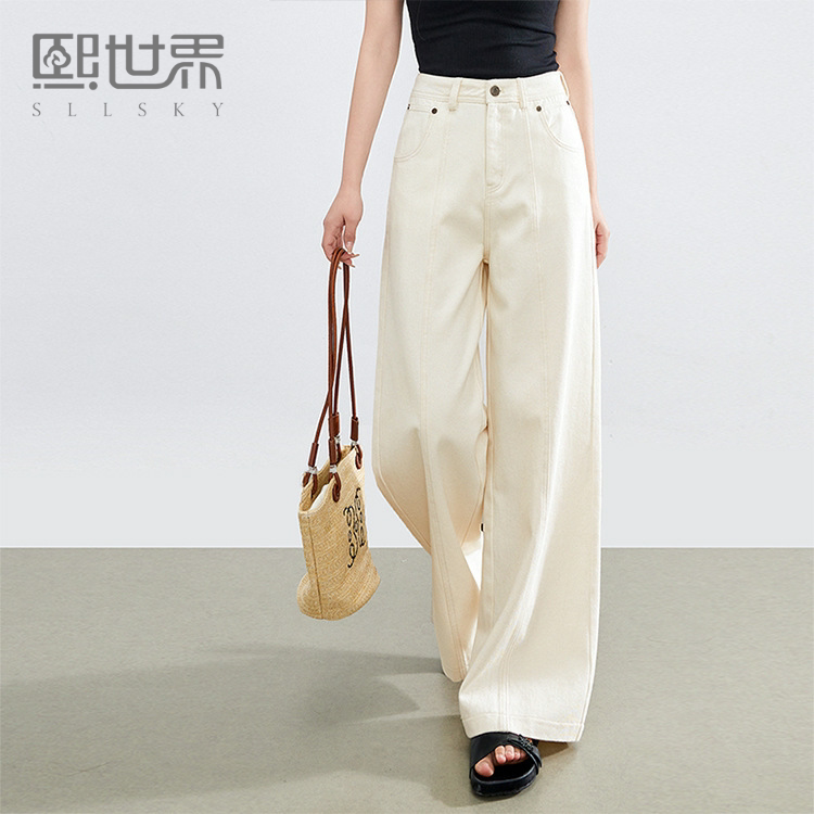 熙世界白色牛仔裤女宽松直筒2025春秋新款中高腰显瘦纯棉阔腿长裤
