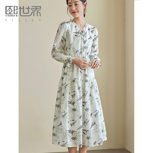 熙世界国风竹叶水墨印花连衣裙长袖复古碎花雪纺裙子2024春季新款
