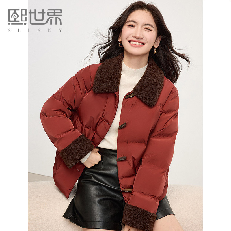 熙世界过年战袍红色复古翻领棉服女冬季今年流行牛角扣短外套棉衣