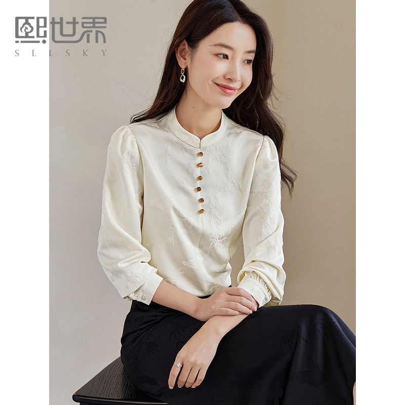 熙世界竹梅暗纹提花新中式立领衬衫女长袖春秋新款国风马面裙上衣