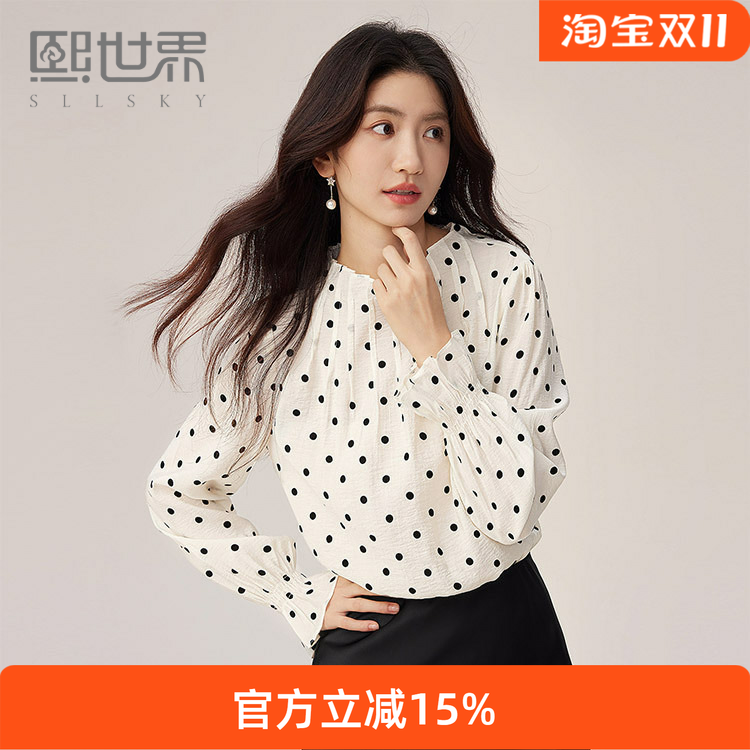 熙世界法式复古波点雪纺衫女2025年新款秋季休闲套头喇叭长袖衬衫