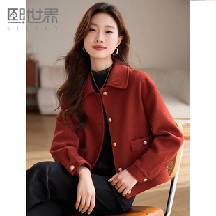 熙世界复古红色小香风毛呢外套女秋冬法式气质粗花呢夹克短款上衣