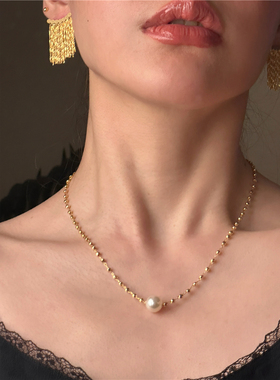 安小柏◆金灿灿~别致精致 法式小众复古多刻面金珠人工珍珠项链女