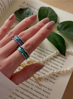 安小柏◆日韩小众设计感通体925纯银文艺色彩渐变滴釉开口戒指女