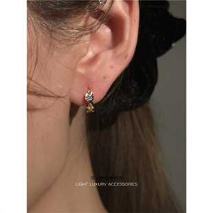 安小柏 法式日常通勤通体S925纯银14k镀金锆石耳扣精致耳圈耳环女