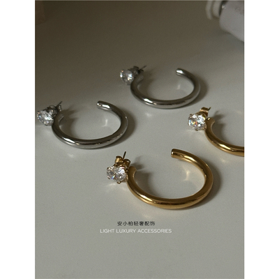 安小柏◆高保色 欧美小众个性金属风耳环锆石水钻单钻耳圈hoop女