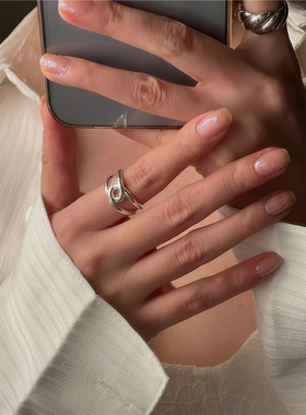 安小柏◆日韩通体925纯银小众设计感交错线条个性女开口食指戒指