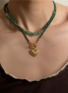 安小柏◆欧美度假风 天然石串珠金色爱心项链碧玺锁骨链叠戴小众