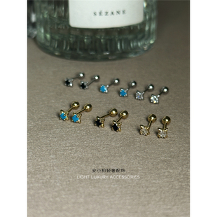 安小柏 日常免摘 通体s925纯银耳钉四角星芒锆石迷你螺丝扣耳骨钉