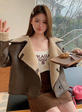 海军领皮毛一体羊羔毛短外套女2023秋冬季新款美拉德羊羔绒机车服