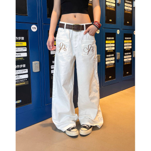 潮 男女baggy阔腿宽松情侣休闲裤 美式 复古反穿设计翅膀刺绣牛仔裤