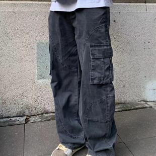 男女cleanfit高街情侶休閑寬松直筒褲 美式 復(fù)古深灰色多口袋工裝 褲