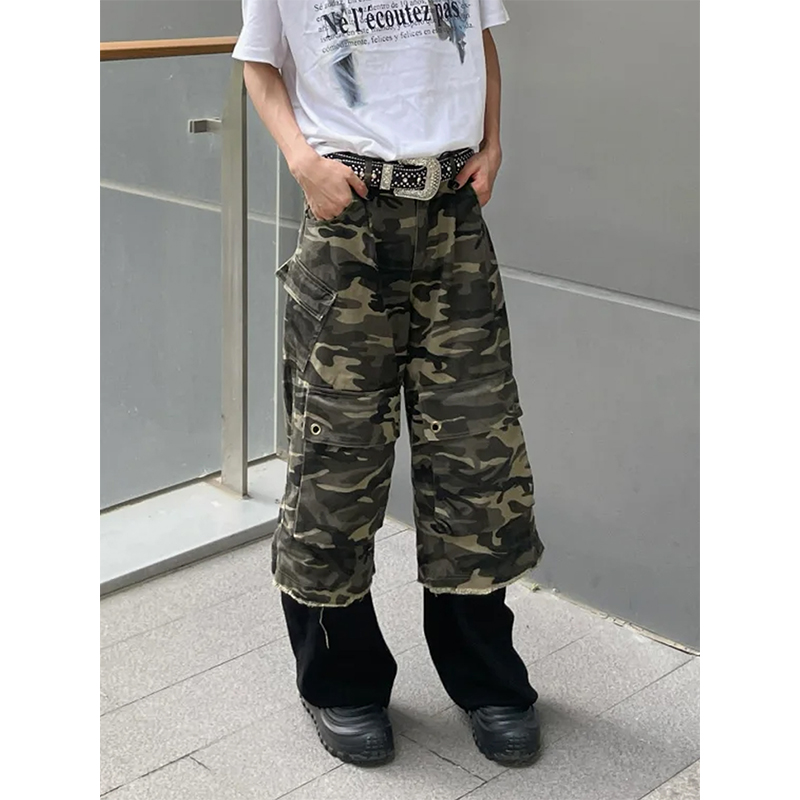 美式复古毛边迷彩工装七分牛仔裤男女夏季hiphop街头潮牌阔腿短裤