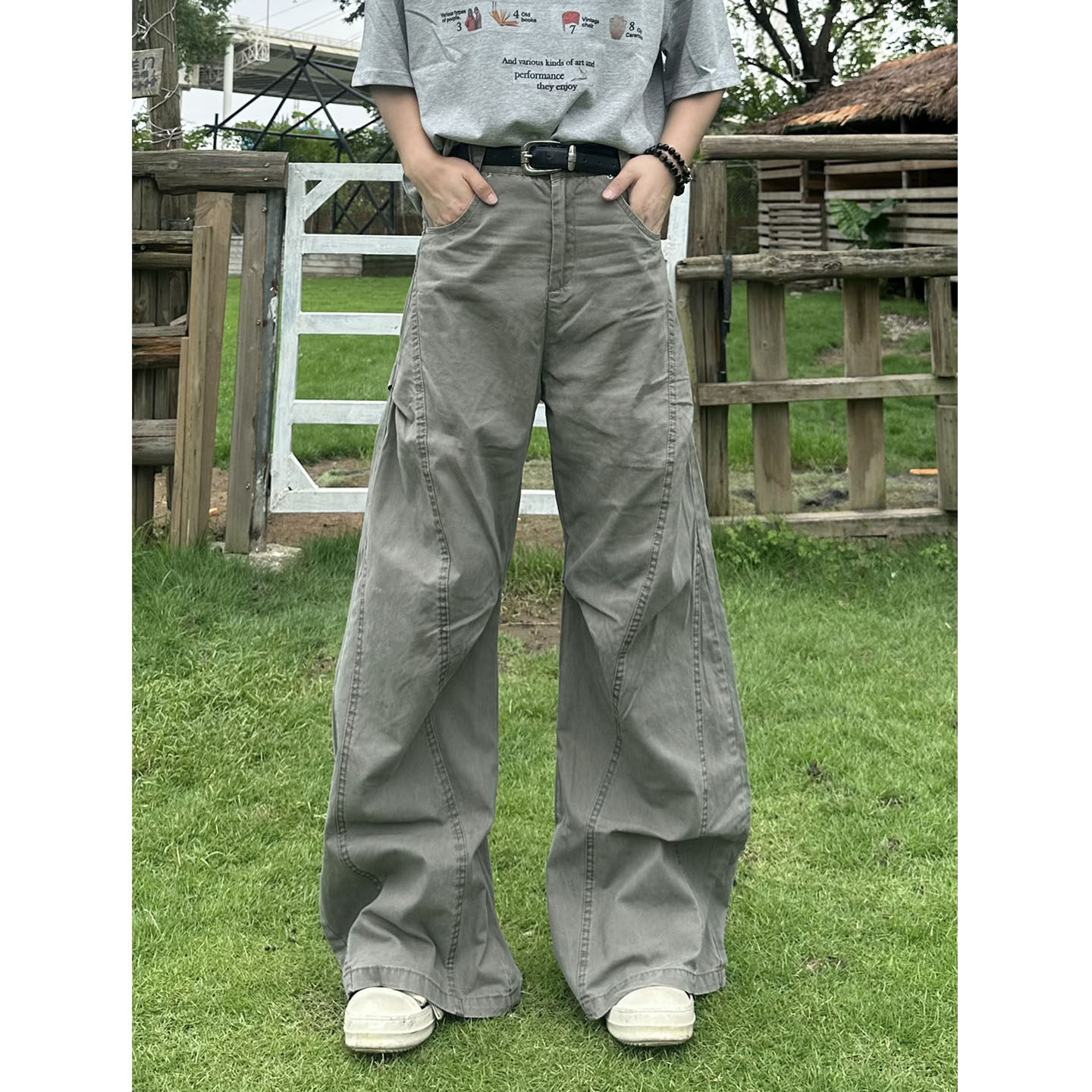 美式解构拼接水洗做旧工装裤男女款宽松阔腿褶皱设计休闲弯刀裤潮