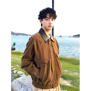 巴恩风棕色高质量麂皮绒夹克男美式复古宽松boxy休闲皮领工装外套